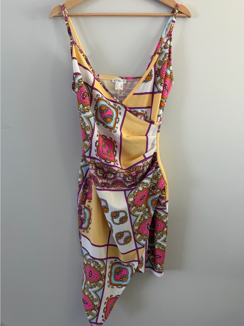VENUS Pink, Cream & Yellow Asymmetrical Slip Dress